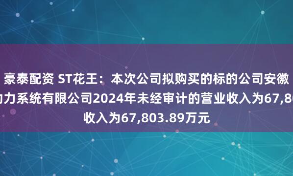 豪泰配资 ST花王：本次公司拟购买的标的公司安徽尼威汽车动力系统有限公司2024年未经审计的营业收入为67,803.89万元